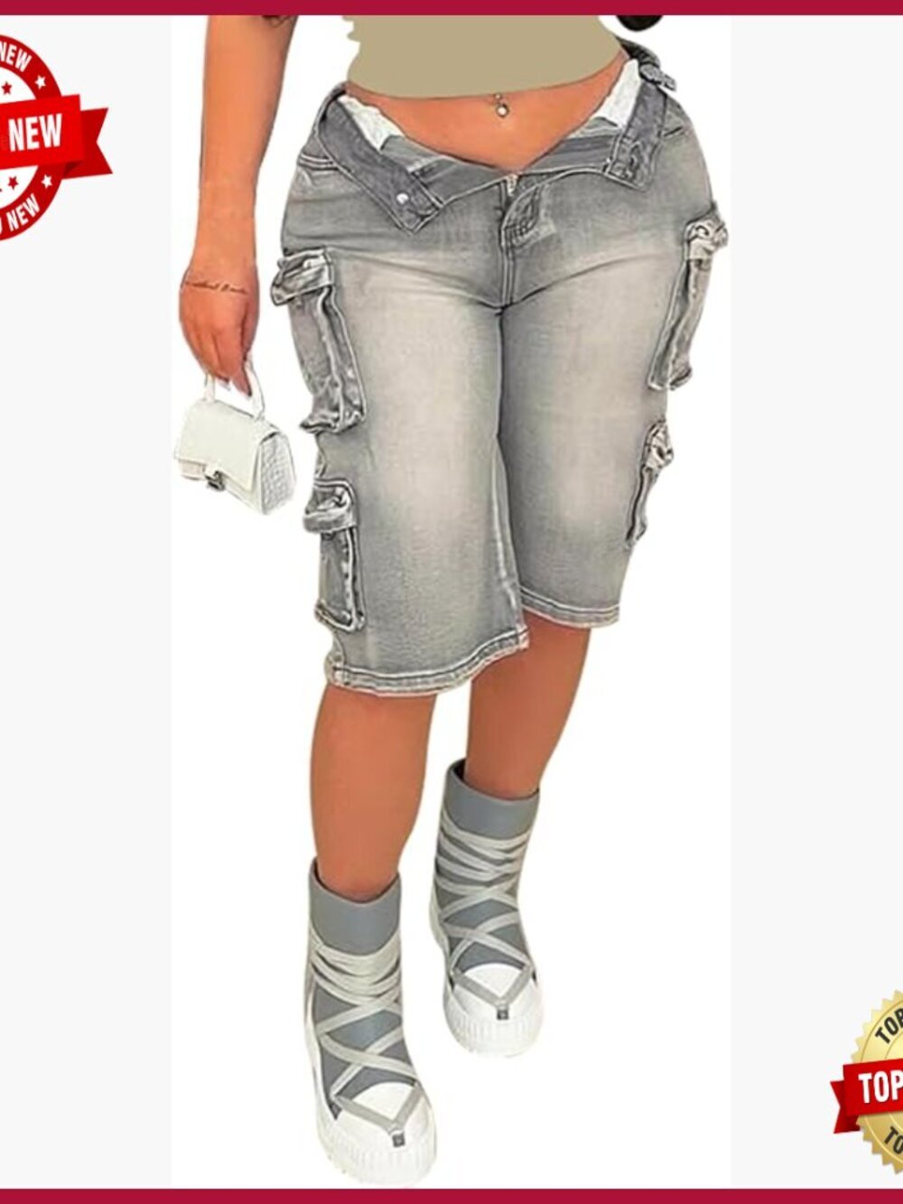 High Waisted Cargo Denim Jorts Bermuda Shorts for Women